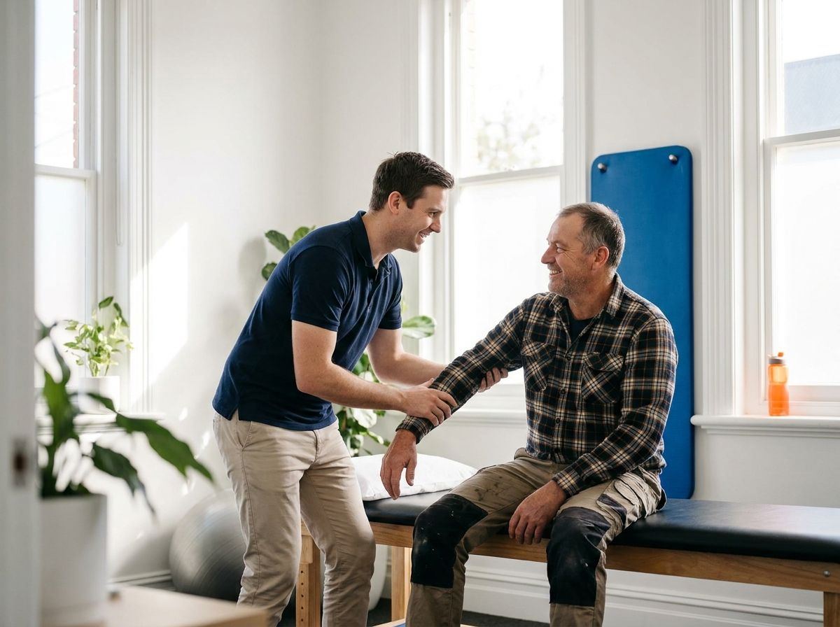 A physiotherapist assessing a patient's shoulder movement in a bright clinic