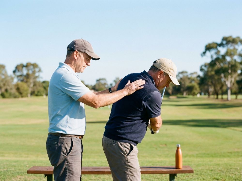 A physiotherapist assessing a golfer's backswing on a driving range