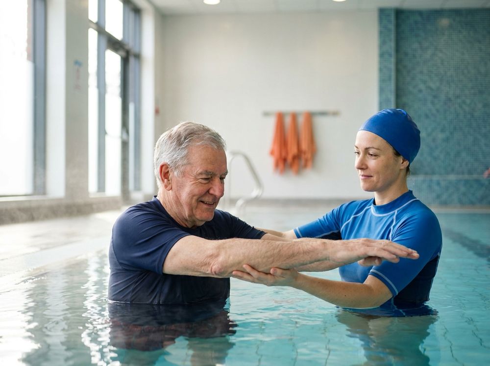 A physiotherapist guiding an older man through a hydrotherapy exercise