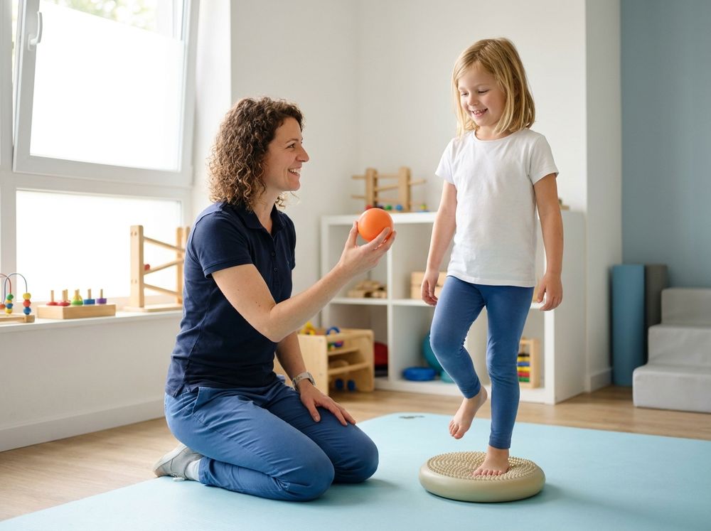 A paediatric physiotherapist helping a child practise balance