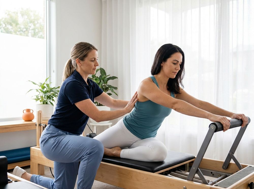 A physiotherapist guiding a patient on a Pilates reformer